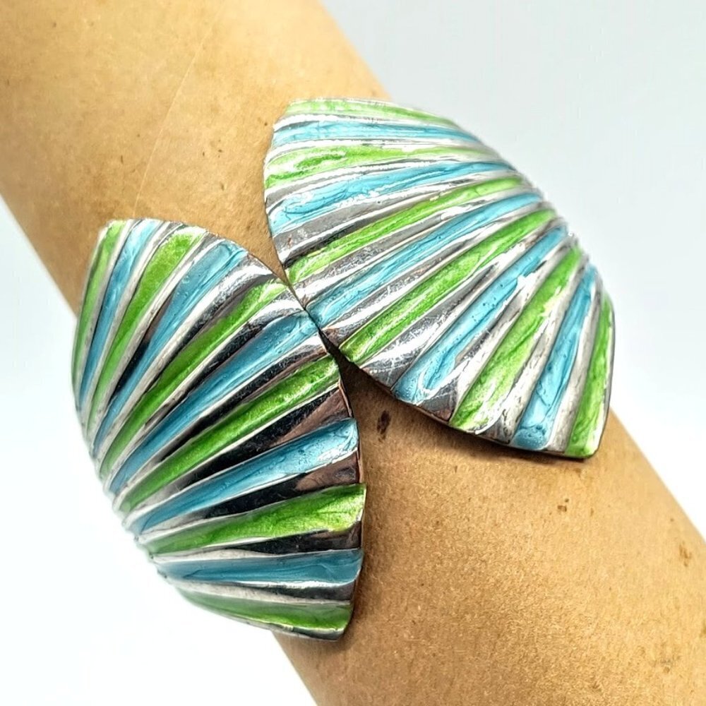 Blue Green Enamel Silver Shell Hinged Cuff Bangle Bracelet